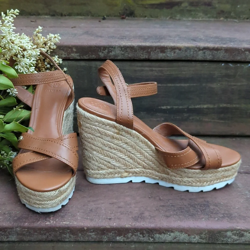 Guess Genisi Tan Espadrille Wedge Platform Sandals SZ 9.5 Summer Casual High‎